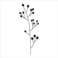 Black silhouette of a plant branch. Flower branch in outline style hand drawn on isolated white background. Vector stock illustration. Tropical leaves. Minimal line art for print, cover or tattoo.