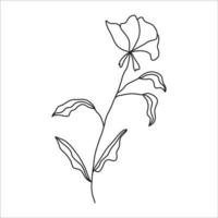 Black silhouette of a plant branch. Flower branch in outline style hand drawn on isolated white background. Vector stock illustration. Tropical leaves. Minimal line art for print, cover or tattoo.