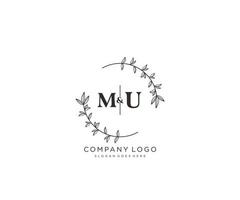 initial MU letters Beautiful floral feminine editable premade monoline logo suitable for spa salon skin hair beauty boutique and cosmetic company. vector