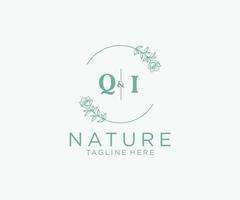 initial QI letters Botanical feminine logo template floral, editable premade monoline logo suitable, Luxury feminine wedding branding, corporate. vector