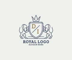 plantilla de logotipo de lujo real de león de letra di inicial en arte vectorial para restaurante, realeza, boutique, cafetería, hotel, heráldica, joyería, moda y otras ilustraciones vectoriales. vector