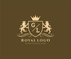 Initial GL Letter Lion Royal Luxury Heraldic,Crest Logo template in vector art for Restaurant, Royalty, Boutique, Cafe, Hotel, Heraldic, Jewelry, Fashion and other vector illustration.