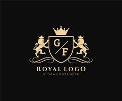 Initial GF Letter Lion Royal Luxury Heraldic,Crest Logo template in vector art for Restaurant, Royalty, Boutique, Cafe, Hotel, Heraldic, Jewelry, Fashion and other vector illustration.