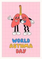 World Asthma Day banner template. Vector illustration of lungs as cute retro cartoon characters with inhaler. Bronchial asthma awareness sign.