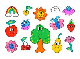 Set of funny cartoon characters. Design elements in retro style. Vector illustration of flowers, sun, cherry, strawberry, tree , apple and pear with faces.