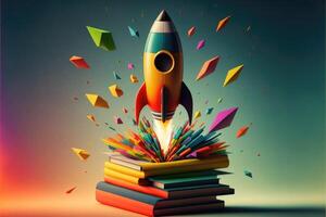 Rocket on books 3D background. photo