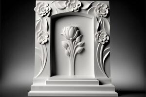 White rock podium and flower. Product stage, stucco pedestal with floral wall. Platform 3D front view. photo