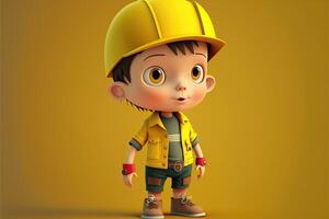 Cute young boy engineer standing on yellow background. 3D cartoon style. photo