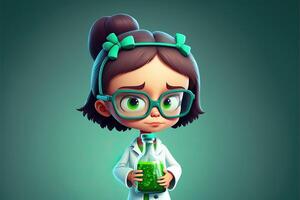 AI Generated Cute young girl scientist holding a lab flask on green background. 3D cartoon style. photo