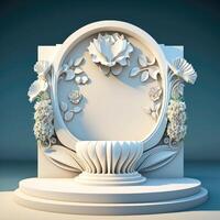 White rock podium and flower. Product stage, stucco pedestal with floral wall. Platform 3D front view. photo