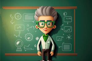 Scientist wearing glasses and greenboard. 3d cartoon style. photo