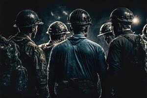 Group of miners wearing safety helmets standing in the mine photo