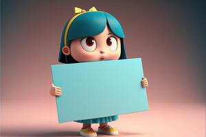 3D cute girl cartoon holding blank sign. 3D kid background. Suitable for banners, signs, logos, sales, discount, product promotions, etc. photo