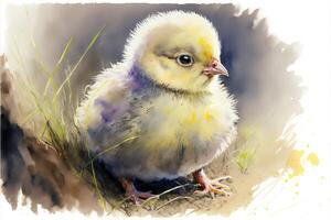 Cute chick in the farm. Watercolor painting of chicken farm animals. photo