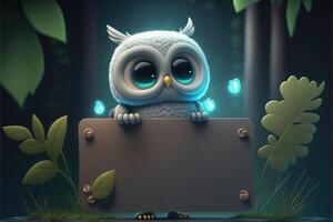 3D cute owl cartoon holding blank sign. 3D animal background. Suitable for banners, signs, logos, sales, discount, product promotions, etc. photo