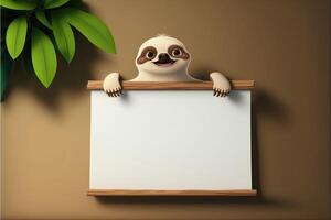 AI Generated 3D cute sloth cartoon holding blank sign. 3D animal background. Suitable for banners, signs, logos, sales, discount, product promotions, etc photo