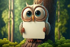 AI Generated 3D cute owl cartoon holding blank sign. 3D animal background. Suitable for banners, signs, logos, sales, discount, product promotions, etc. photo