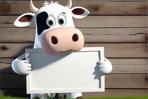 3D cute cow cartoon holding a white board. 3D animal background. Suitable for banners, signs, logos, sales, discount, product promotions, etc. photo