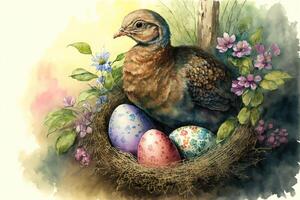 Mother turkey sits on the nest and easter eggs. Watercolor painting. photo