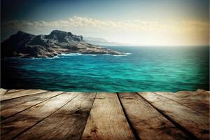 Wooden table background with landscape of sea. photo