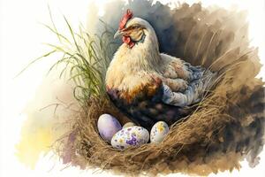 Hen sits on the nest and easter eggs. Watercolor painting of cute chicken farm animals. photo