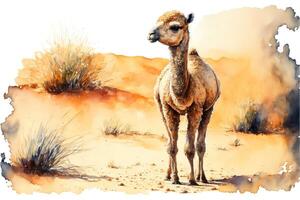 ai generado linda bebé camello en desierto. acuarela cuadro. foto