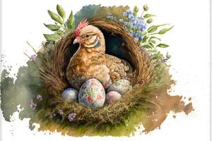 Hen sits on the nest and easter eggs. Watercolor painting of cute chicken farm animals. photo