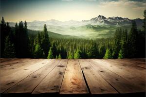 Wooden table background with landscape of forest. photo