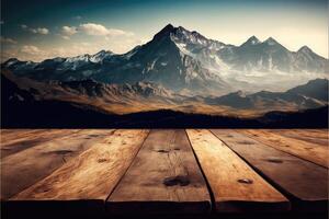 Wooden table background with landscape of mountains photo