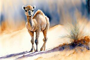AI Generated Cute baby camel in desert. Watercolor painting.