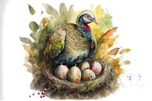 Mother turkey sits on the nest and easter eggs. Watercolor painting. photo