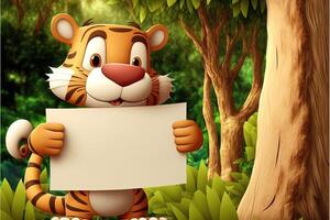 3D cute tiger cartoon holding blank sign. 3D animal background. Suitable for banners, signs, logos, sales, discount, product promotions, etc. photo