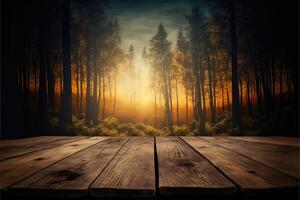 Wooden table background with landscape of forest. photo