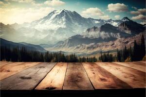 ai generado de madera mesa antecedentes con paisaje de montañas foto