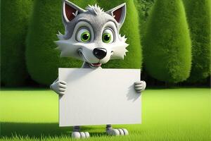 AI Generated 3D cute wolf cartoon holding blank sign. 3D animal background. Suitable for banners, signs, logos, sales, discount, product promotions, etc. photo