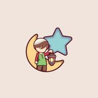 vector graphics of a child holding a lantern over a crescent moon. It can be used in Islamic holidays, ramadan, eid, etc.