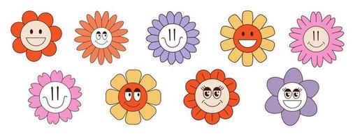 Set of retro groovy flowers with smiling faces. Hippie and boho style. vector