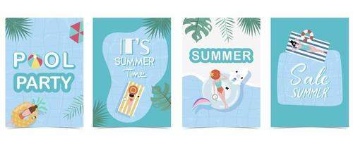 Party summer time postcard with pool and beach in the daytime background vector