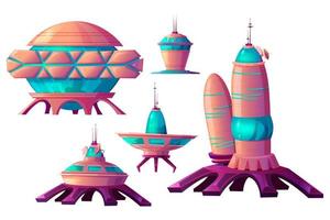Space colonization, alien spaceships cartoon vector