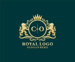 Initial CO Letter Lion Royal Luxury Logo template in vector art for Restaurant, Royalty, Boutique, Cafe, Hotel, Heraldic, Jewelry, Fashion and other vector illustration.