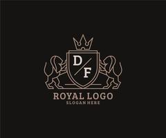 Initial DF Letter Lion Royal Luxury Logo template in vector art for Restaurant, Royalty, Boutique, Cafe, Hotel, Heraldic, Jewelry, Fashion and other vector illustration.