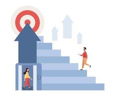 metáfora diferente formas a lograr el meta. camino a objetivo. personas escoger escalera o ascensor a éxito. perserverancia, desafío, carrera y personal crecimiento. vector plano ilustración