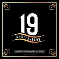 19 year anniversary logo design white golden abstract on black background with golden frame template illustration vector