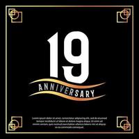 19 year anniversary logo design white golden abstract on black background with golden frame template illustration vector