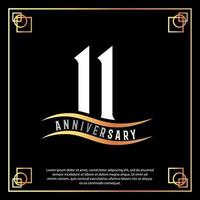 11 year anniversary logo design white golden abstract on black background with golden frame template illustration vector