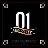 01 year anniversary logo design white golden abstract on black background with golden frame template illustration vector
