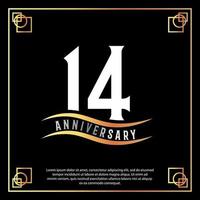 14 year anniversary logo design white golden abstract on black background with golden frame template illustration vector