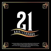 21 year anniversary logo design white golden abstract on black background with golden frame template illustration vector
