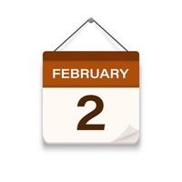 February 2, Calendar icon with shadow. Day, month. Meeting appointment time. Event schedule date. Flat vector illustration.