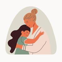 Mother and daughter hugging. Mother's day concept. Happy mother and little girl, child embracing together. Vector illustration
